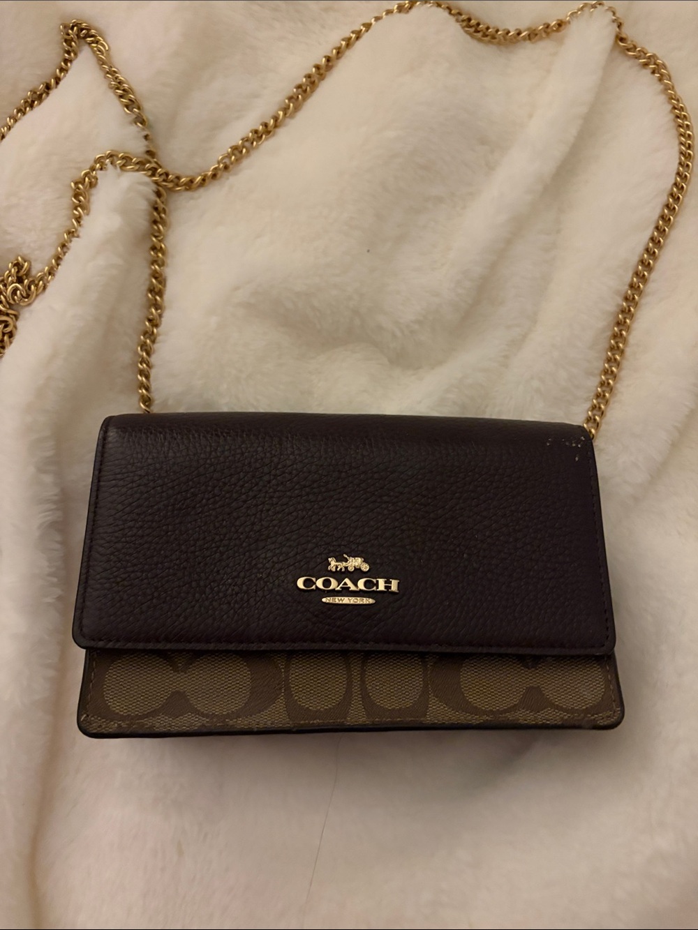 Coach Dark Brown Leather & Khaki Signature Crossbody with Gold Chain